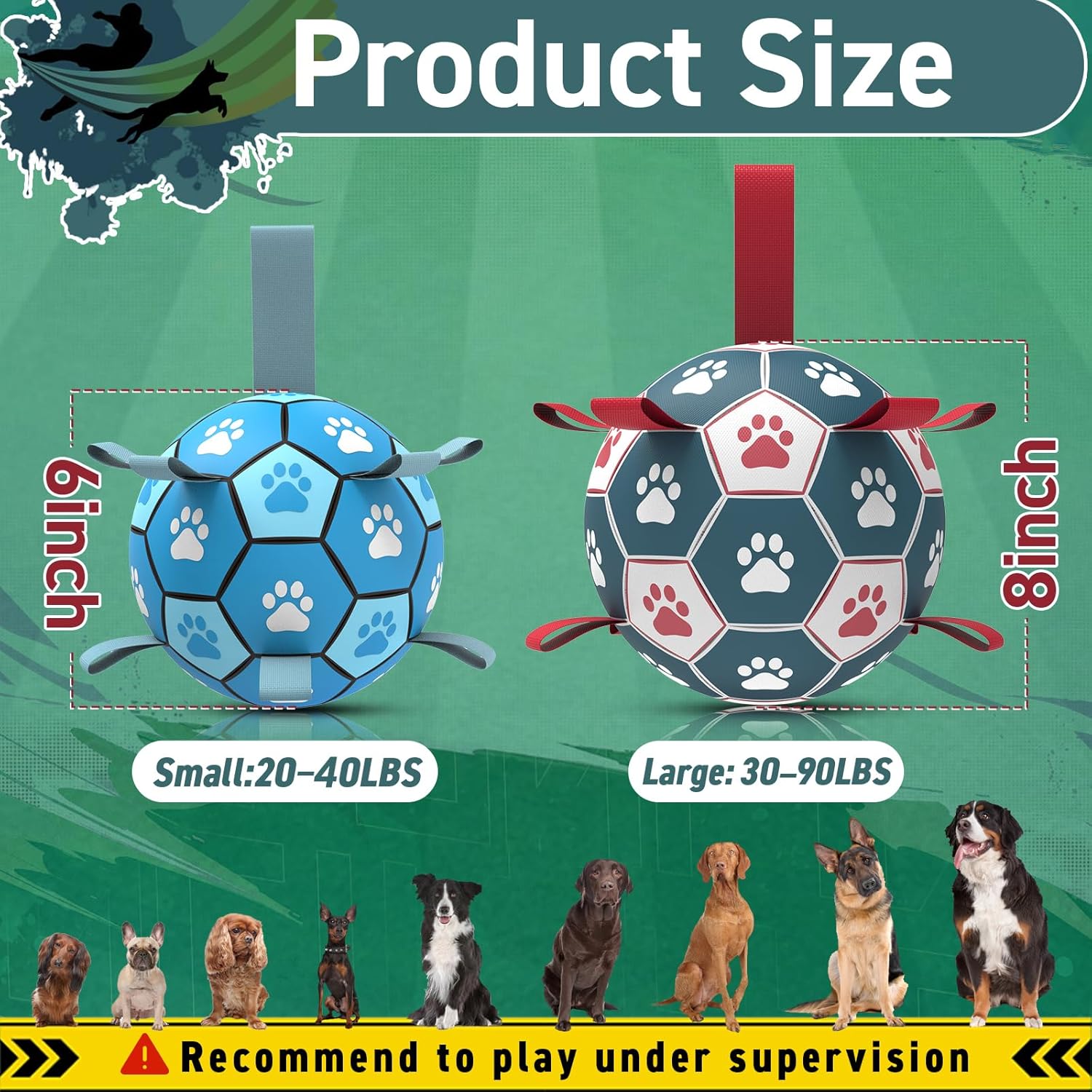 QDAN Dog Toys Soccer Ball with Straps：Durable Balls for Large Dogs, Outdoor Dog Toys, Puppy Birthday Gifts (8 Inch)