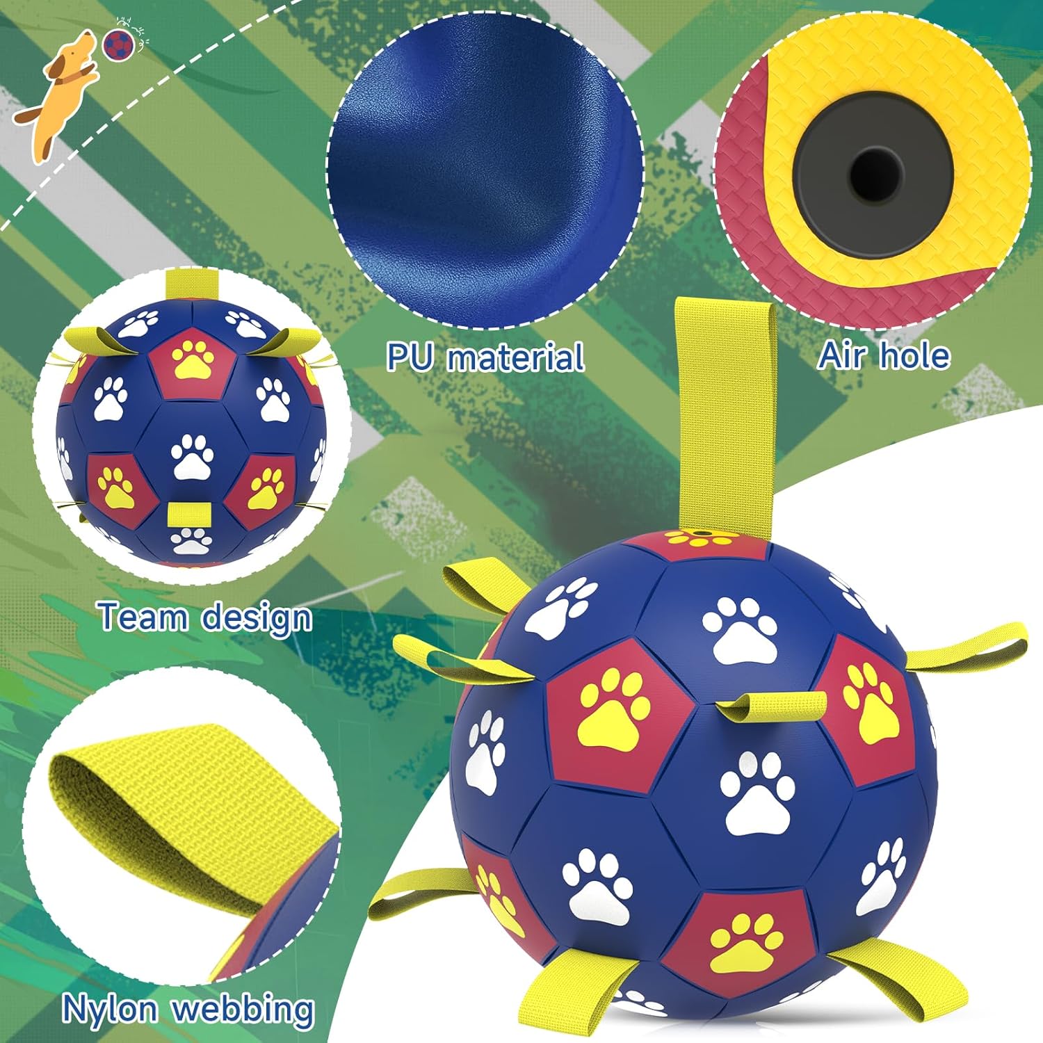 QDAN Dog Toys Soccer Ball with Straps: Durable Balls for Large Dogs, Outdoor Dog Toys, Summer Pet Water Toy, Herding Ball, Puppy Birthday Gifts, Yellow Blue (8 Inch)