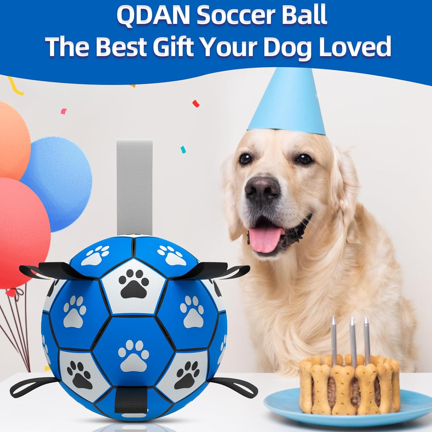 QDAN Dog Ropes Toys, Soccer Ball with Straps, Puppy Birthday Gifts, Durable Balls for Medium Large Dogs-Blue&Grey（8 Inch）