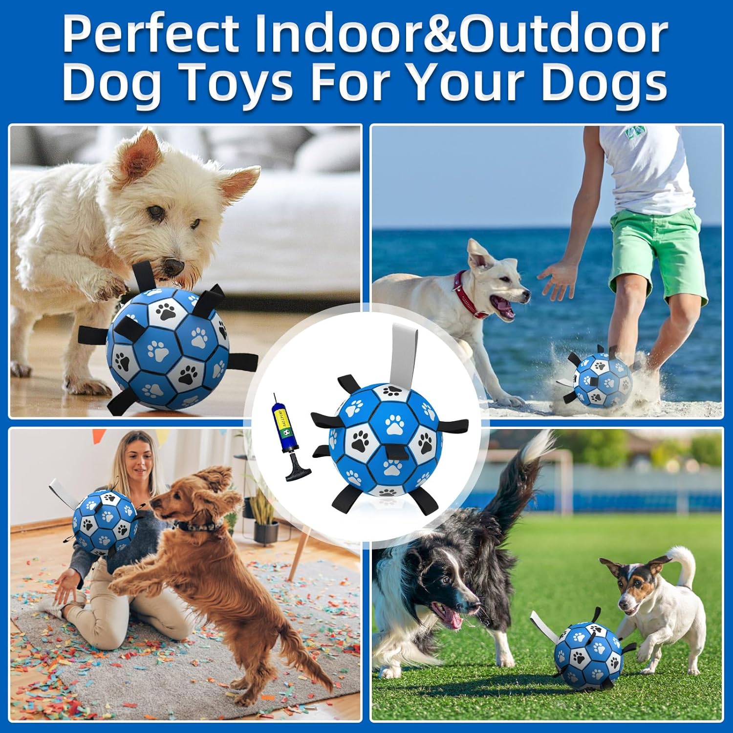 QDAN Dog Ropes Toys, Soccer Ball with Straps, Puppy Birthday Gifts, Dog Water Toy, Durable Balls for Small Medium Dogs-Blue Grey（6 Inch）