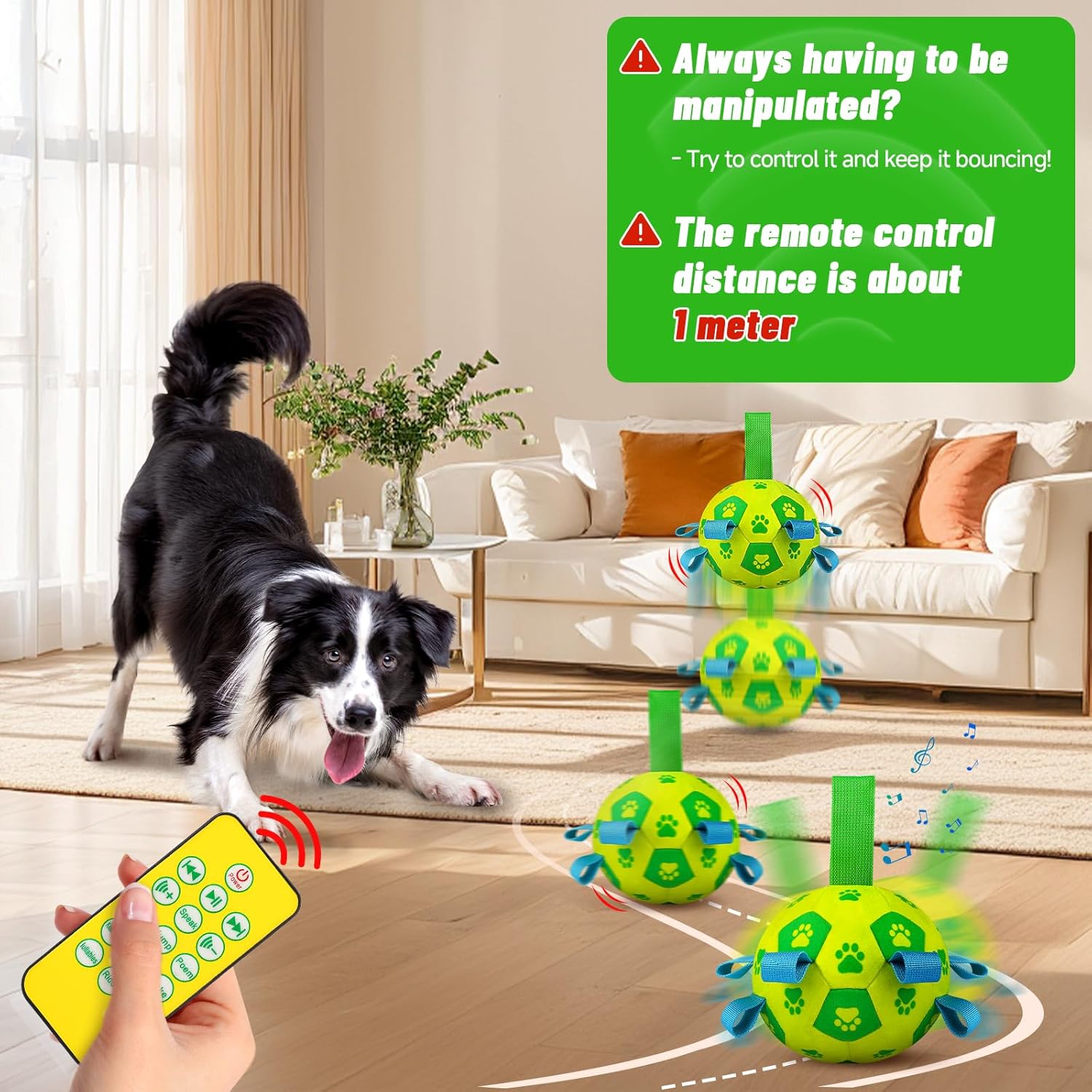 QDAN Interactive Dog Toys Soccer Ball - Bouncing Ball, Jumping Dog Balls with Recording and Music Modes, Birthday Toy, Rechargeable Moving Dog Toy to Keep Them Busy, Yellow Green