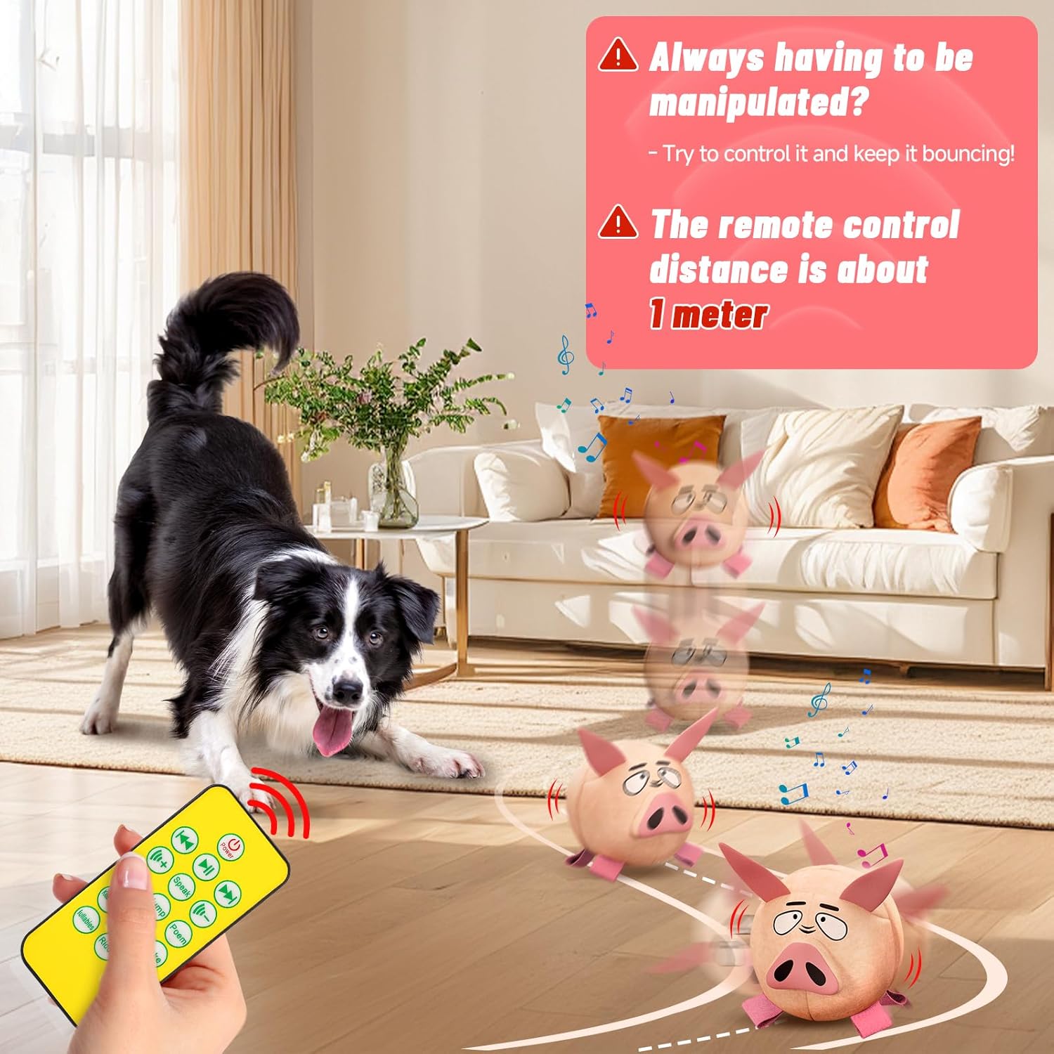 QDAN Interactive Dog Toys - Bouncing Ball for Dogs, Remote Control, Jumping Dog Balls with Recording and Music Modes, Dog Birthday Toy, Rechargeable Moving Dog Toy to Keep Them Busy, Pig