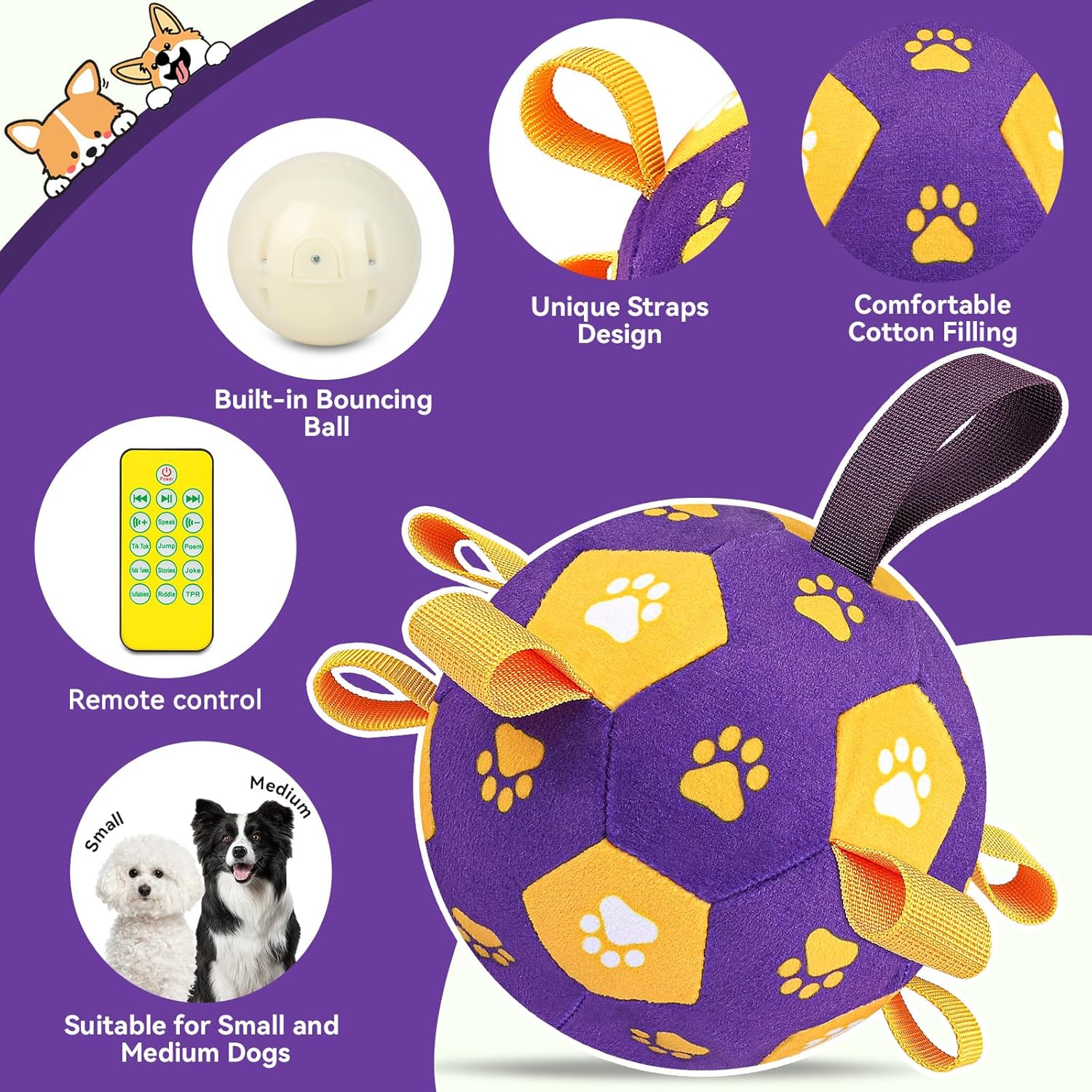 QDAN Interactive Dog Toys Balls: Squeaky Dog Balls to Keep Them Busy, Remote Control, Rechargeable Pet Enrichment Toys for Boredom, Automatic Rolling Puppy Toy for Small Medium Pets(Purple)