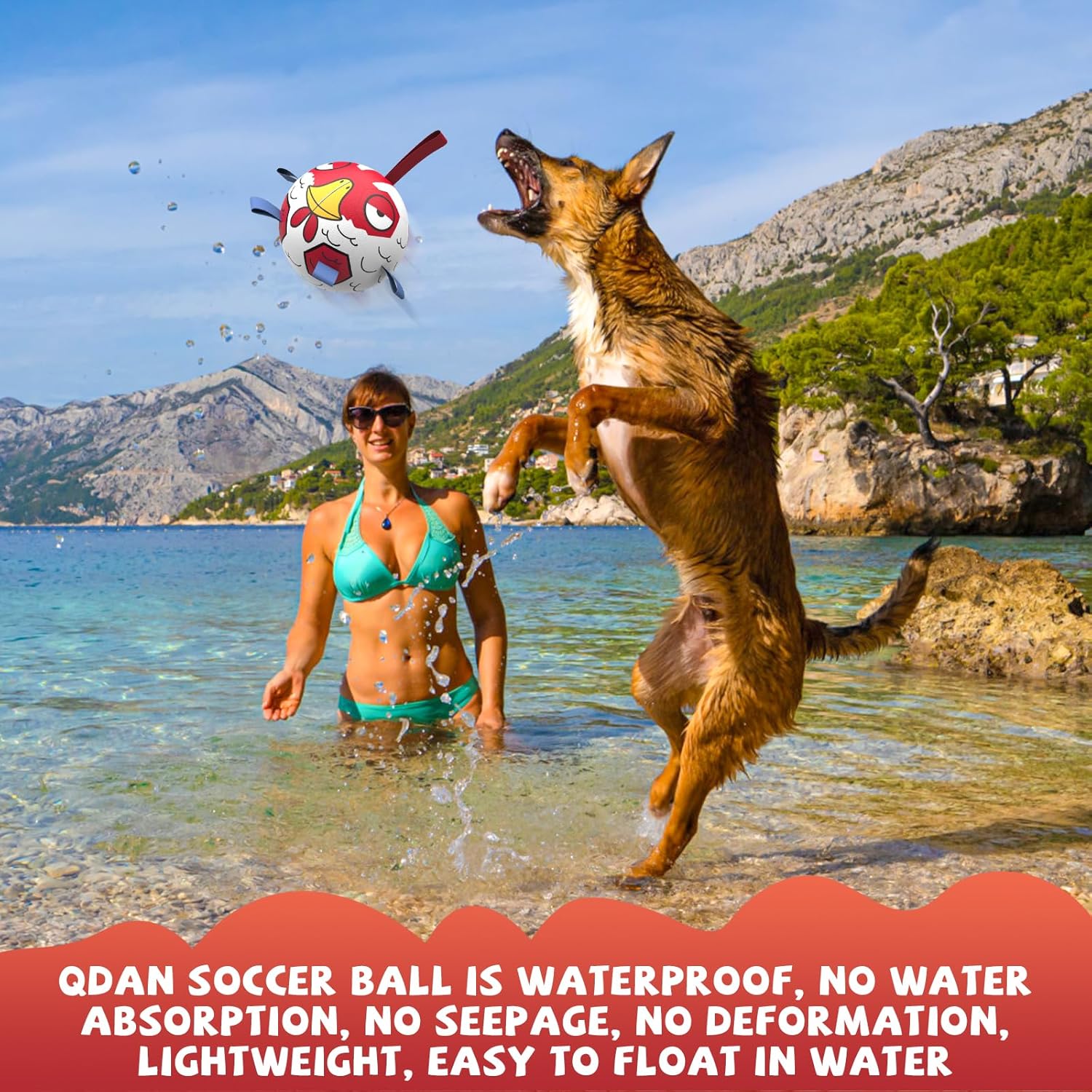 Qdan Chicken Dog Soccer Balls with Straps, Durable Dog Toys for Tug of War, Birthday Gift, Water Toy (8 Inch)