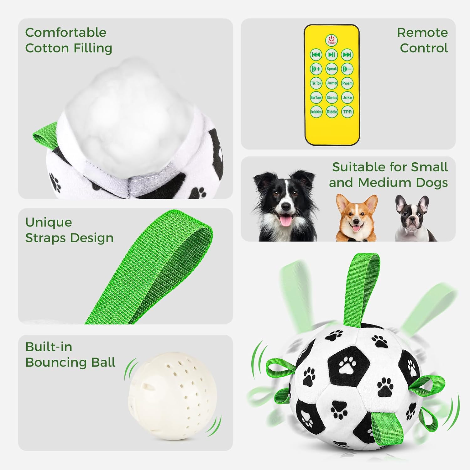 QDAN Interactive Dog Toys, Moving Dog Balls with Straps, Remote Control, Jumping Rolling Bouncing Soccer Ball for Dogs for Small Medium Large Pet