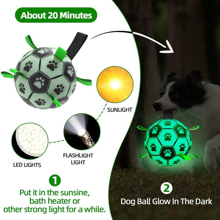 QDAN Glow in The Dark Dog Toys Soccer Ball with Straps, Outdoor Interactive Dog Toys Puppy Birthday Gifts, Dog Tug Water Toy, Light Up Dog Balls for Small & Medium Dogs（6 Inch Size 2）
