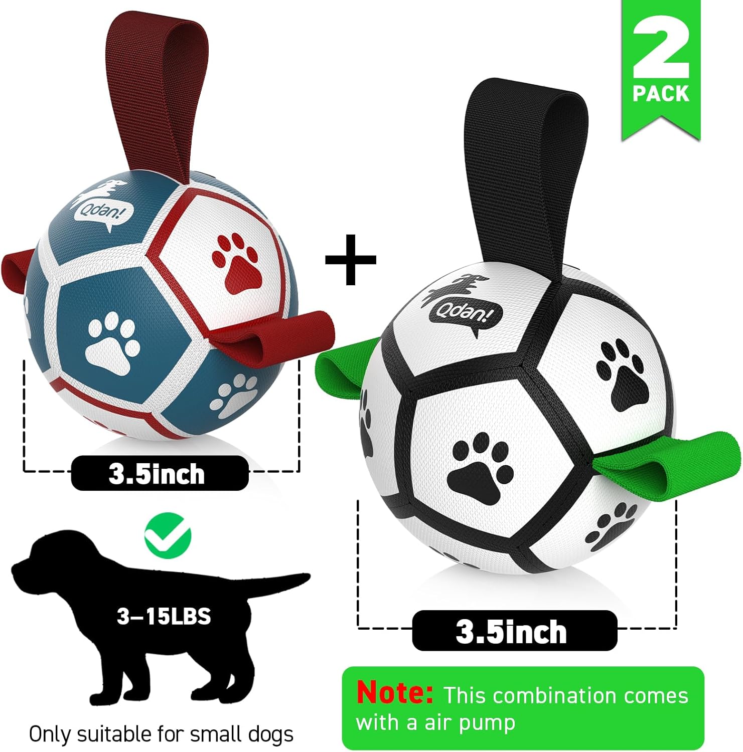 QDAN Small Dog Toys, Puppy Balls, Dog Balls with Straps for Small Breed, Soccer Ball for Dogs, Puppy Toys, Dog Birthday Gift (Pack of 2, 3.5 Inch)