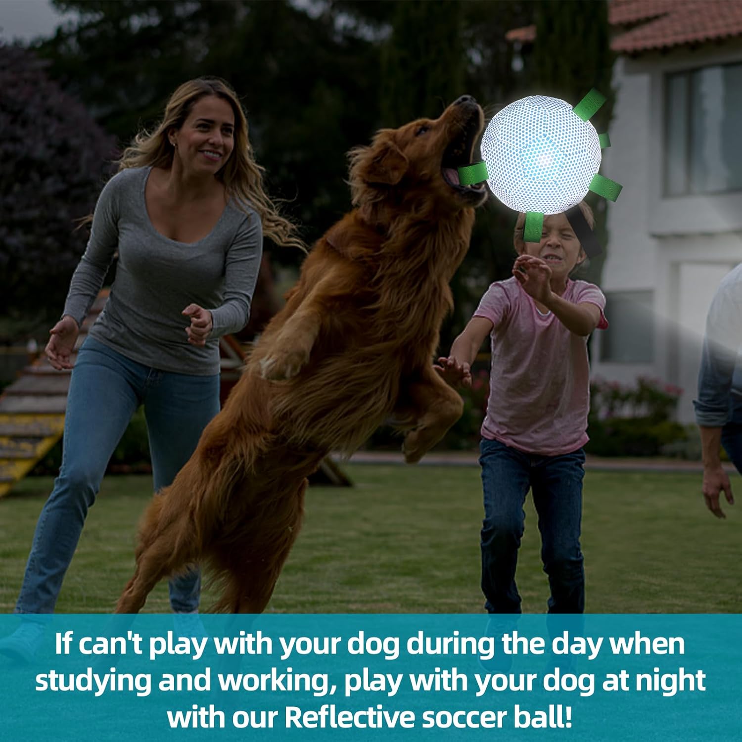 QDAN Reflective Soccer Ball with Straps: Interactive Tug of War Toys for Large Dogs, Night Dog Balls, Water Toy, Puppy Birthday Gifts (8 Inch)