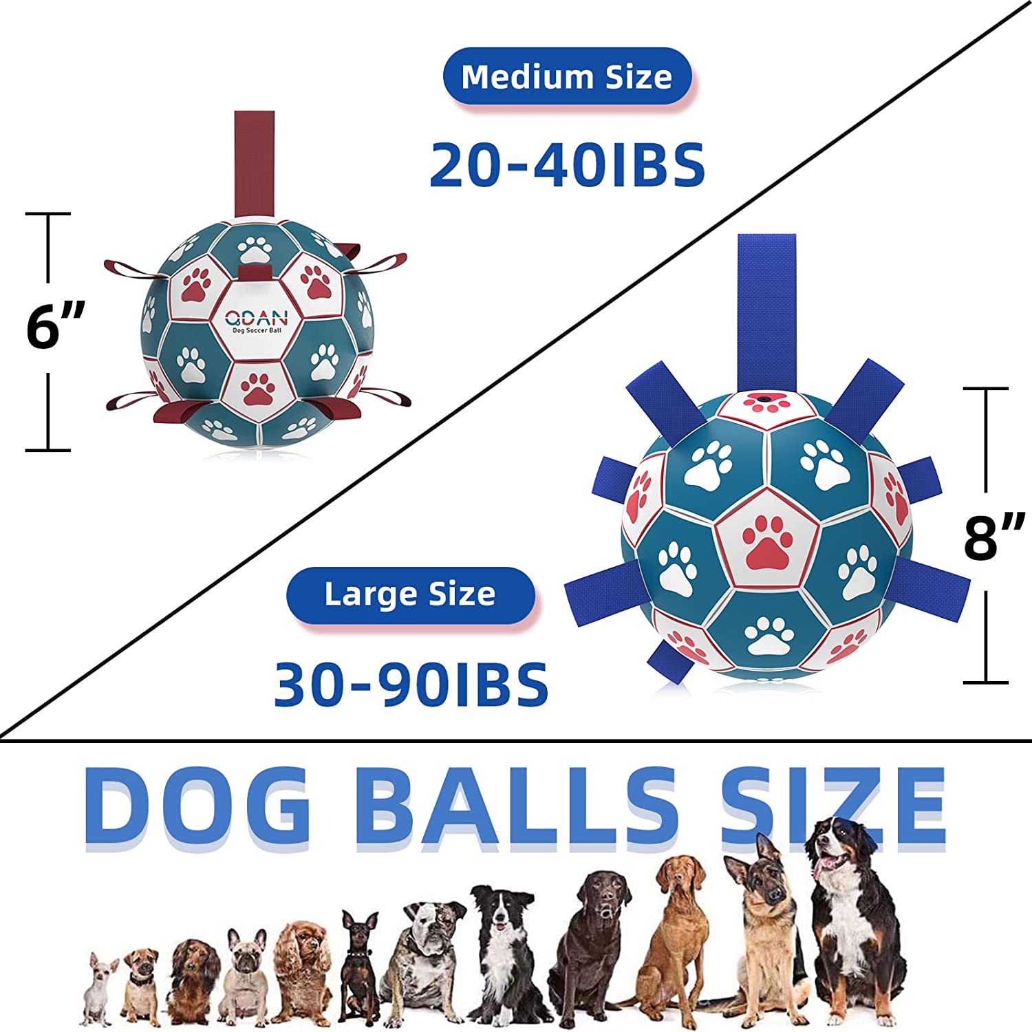 QDAN Dog Soccer Ball Interactive Toys for Tug of War, Puppy Birthday Gifts, Dog Water Toy, Durable for Small & Medium & Large Dogs-(6 inch&8inch)