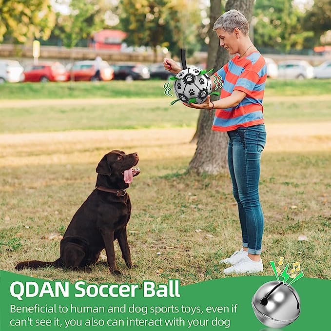 QDAN Dog Soccer Balls Toy with Bell Inside, Outdoor Interactive Dog Toys for Tug of War, Puppy Birthday Gifts, Dog Water Toy, Durable Ropes Squeaky Soccer Dog Ball for Small &Medium＆Dogs （6 INCH）