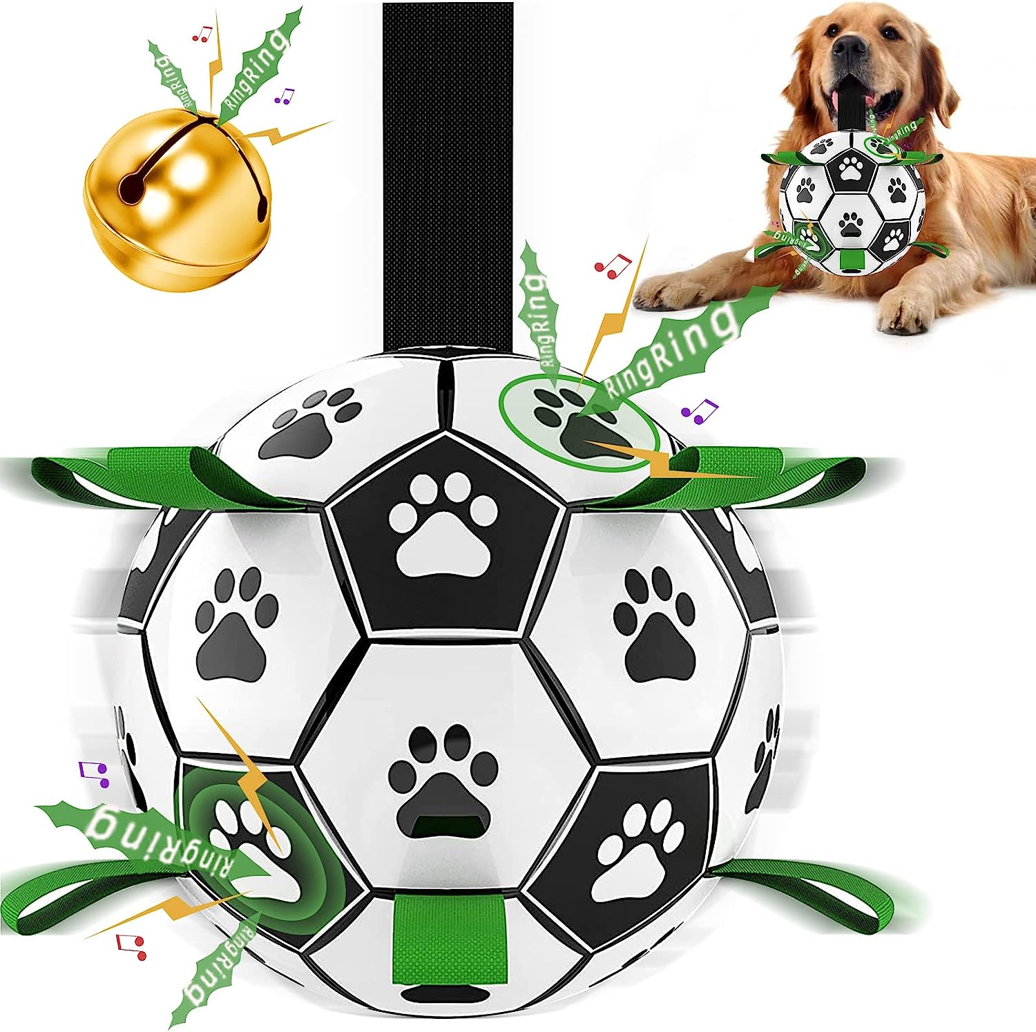 QDAN Dog Soccer Balls Toy with Bell Inside, Outdoor Interactive Dog Toys for Tug of War, Puppy Birthday Gifts, Dog Water Toy, Durable Ropes Squeaky Soccer Dog Ball for Small &Medium＆Dogs （6 INCH）