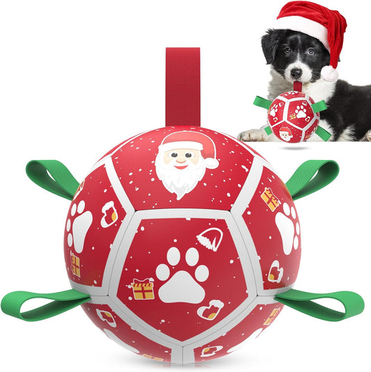 Red Christmas Dog Soccer Ball with Straps | Small Dogs – 5 inch