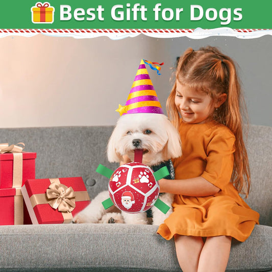 Red Christmas Dog Soccer Ball with Straps | Small Dogs – 5 inch