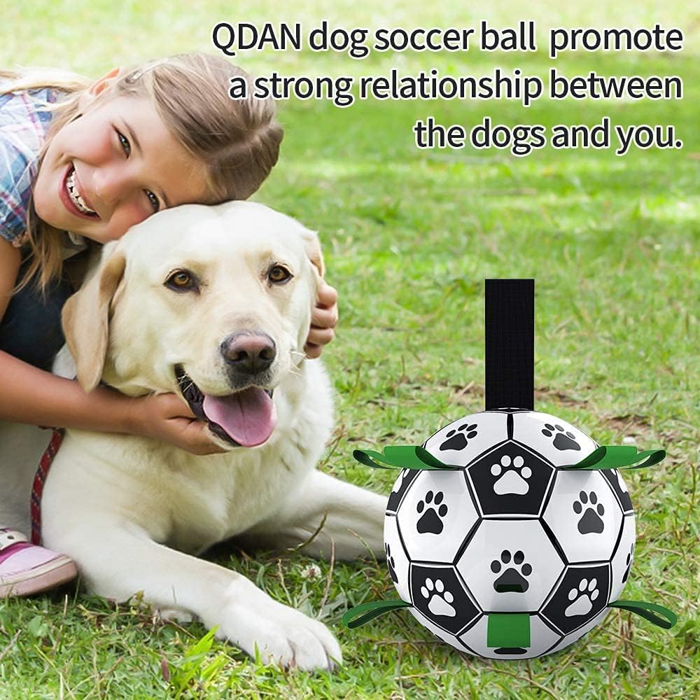 QDAN Dog Toys, Soccer Ball with Straps, World Cup Interactive Toys for Tug of War, Puppy Birthday Gifts, Water Toy, Durable Dog Balls for Medium Large (8 Inch)