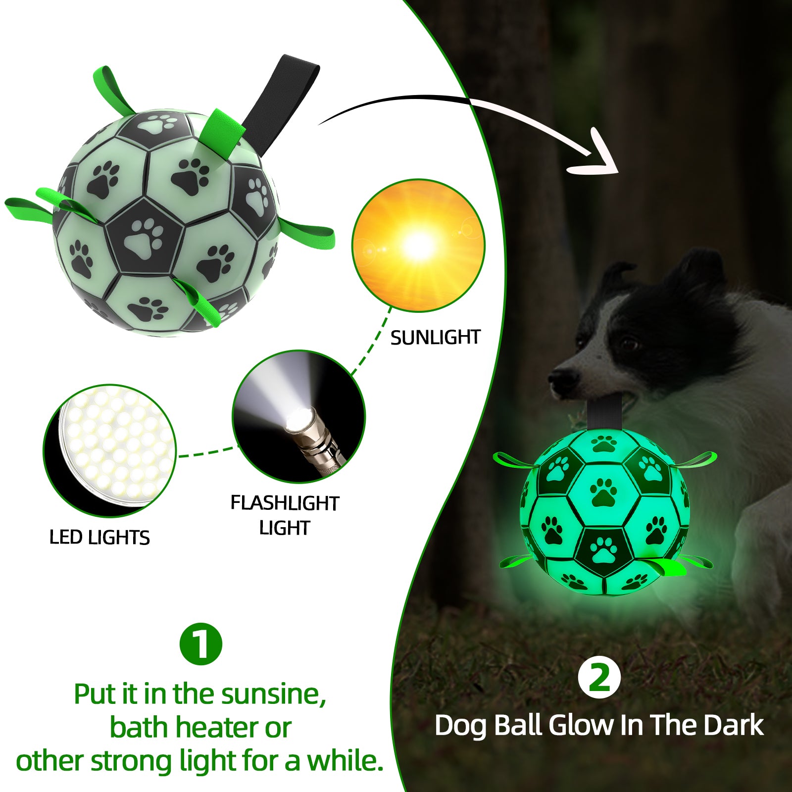 QDAN Glow in The Dark Dog Toys Soccer Ball, Interactive Dog Toys Puppy Birthday Gifts, Dog Tug Water Toy, Indoor/Outdoor Light Up Dog Balls for Small & Medium & Lager Dogs（6inch&8inch）