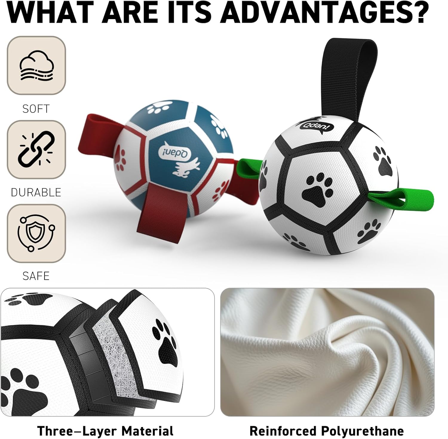 QDAN Small Dog Toys, Puppy Balls, Dog Balls with Straps for Small Breed, Soccer Ball for Dogs, Puppy Toys, Dog Birthday Gift (Pack of 2, 3.5 Inch)