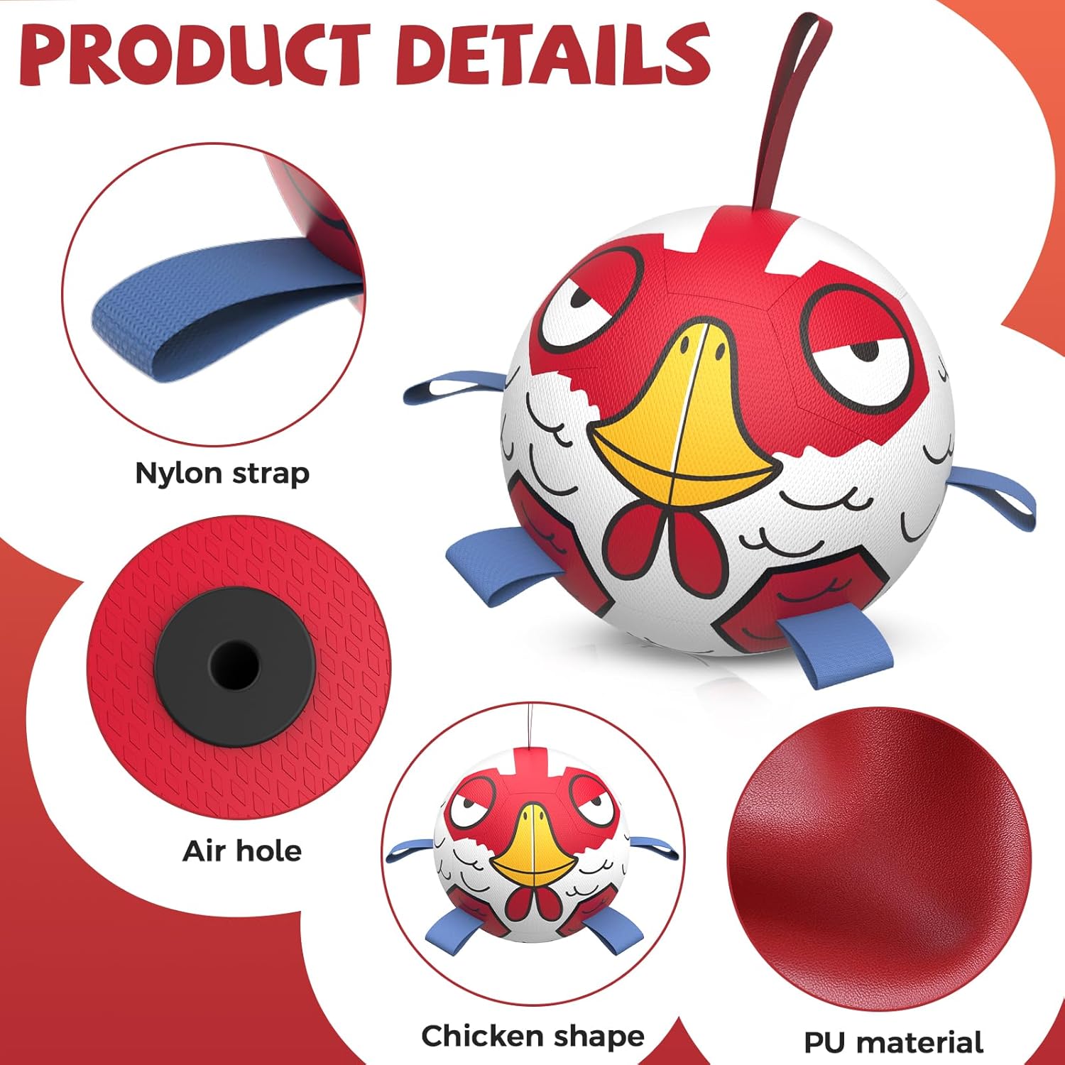 Qdan Chicken Dog Soccer Balls with Straps, Durable Dog Toys for Tug of War, Birthday Gift, Water Toy (8 Inch)