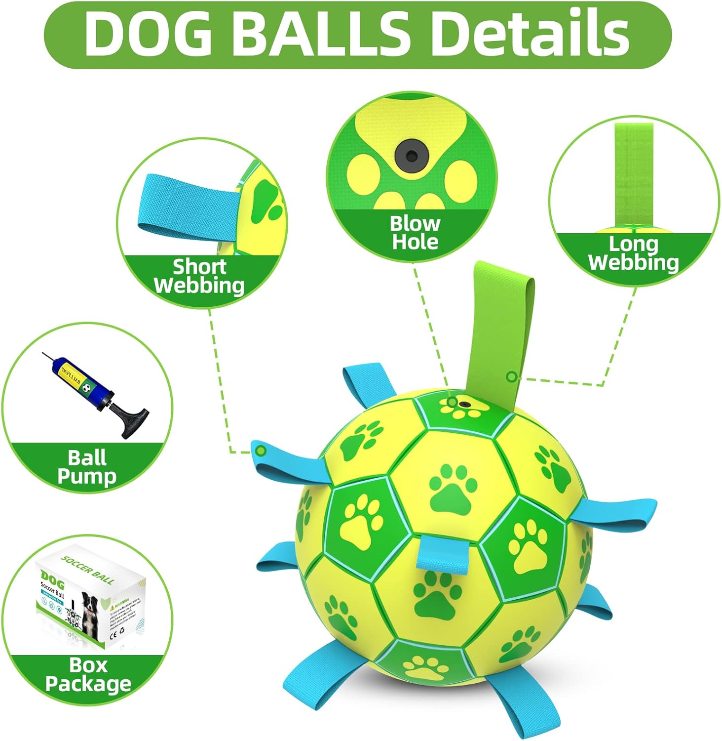 QDAN Dog Toys Soccer Ball, Dog Tug Toy, Water Toy, Durable Balls for Small Medium Dogs-Green Yellow(6 inch)