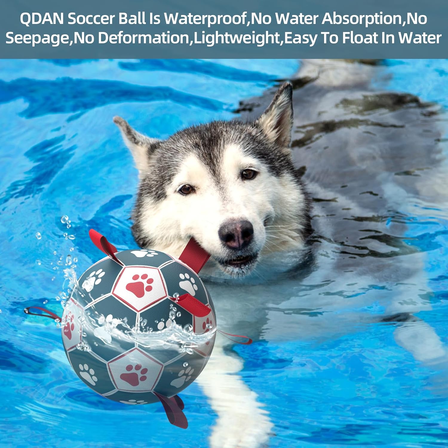 QDAN Extra Large Soccer Ball with Straps, Interactive Dog Toys for Tug of War, Puppy Birthday & Water Toy, Large Dog Balls - Blue & Red (9 Inch)