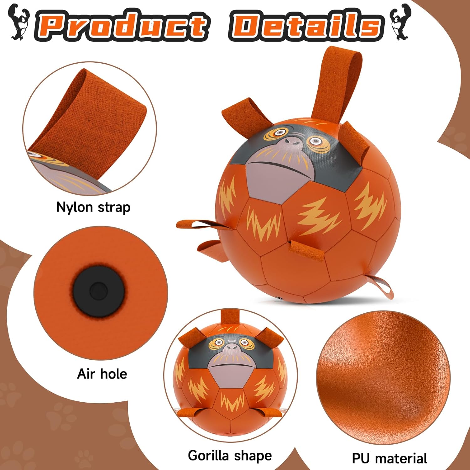 QDAN Dog Toys Soccer Ball with Straps - Durable Dog Balls for Small Medium Dogs, Beach Pool Dog Water Toy, Chimpanzees Dog Toy, Puppy Dog Birthday Gifts, Herding Balls for Dog (8 Inch), Large Size 3