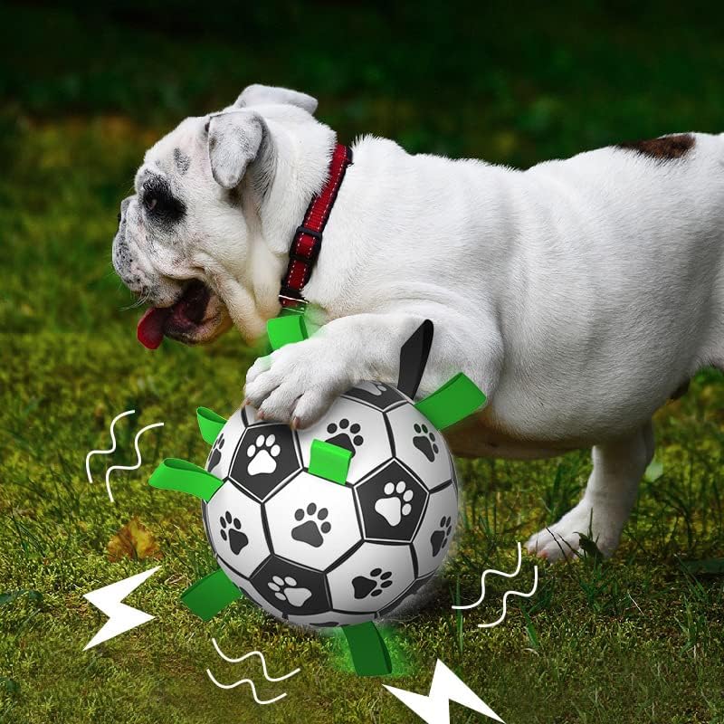QDAN Dog Soccer Balls Toy with Bell Inside, Outdoor Interactive Dog Toys, Durable Ropes Squeaky Ball for Medium Large Dogs (8 Inch)