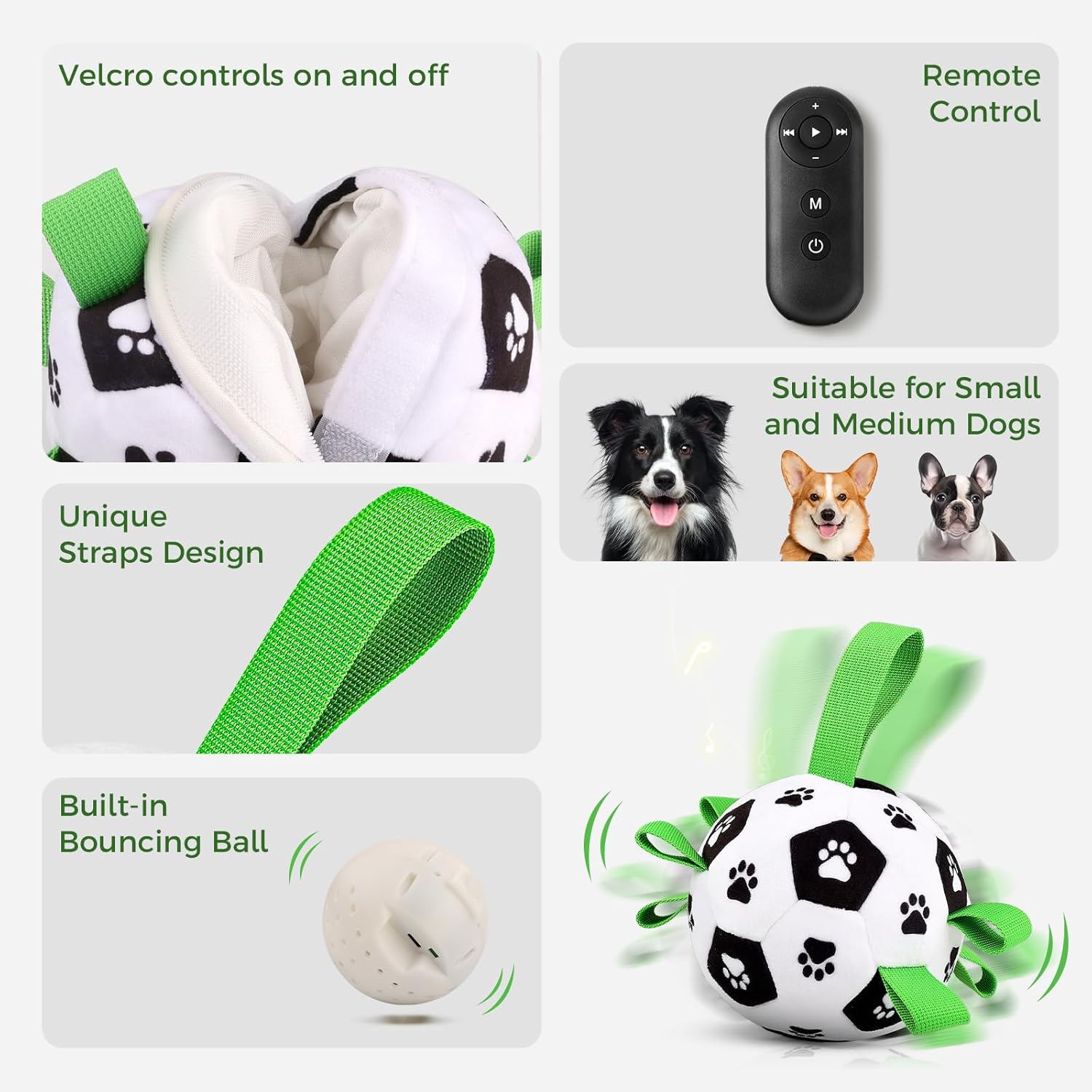 QDAN Interactive Dog Toys, Dog Soccer Ball with Straps, Dog Toys to Keep Them Busy, Remote Control, Jumping Balls with Recording and Music Modes for Small Medium Large Pet