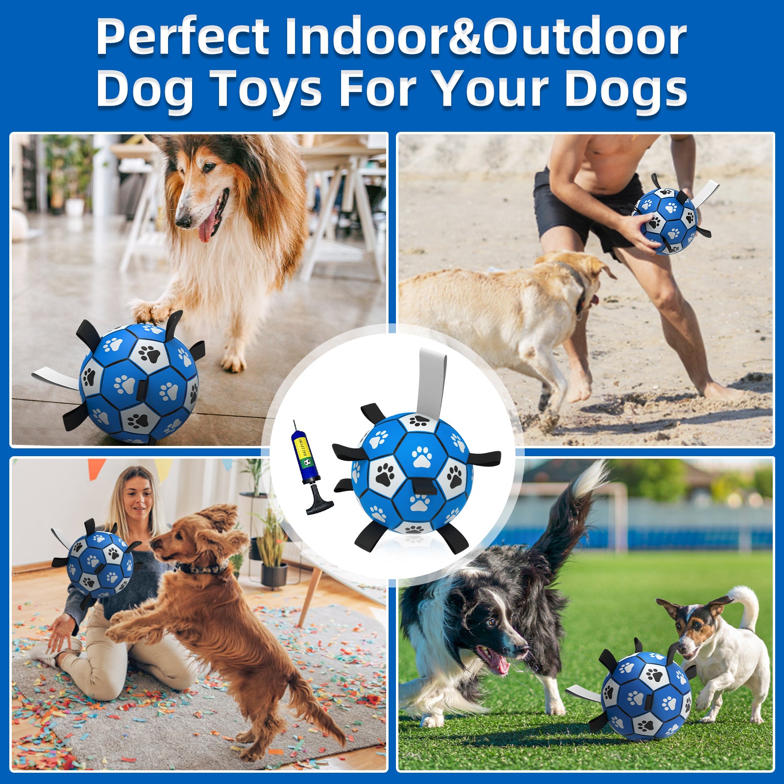 QDAN Dog Toys Soccer Ball with Straps, Interactive Dog Toys for Tug of War, Puppy Birthday Gifts, Dog Tug Toy, Dog Water Toy, Durable Dog Balls World Cup for Small & Medium& Large Dogs（6 & 8 Inch）