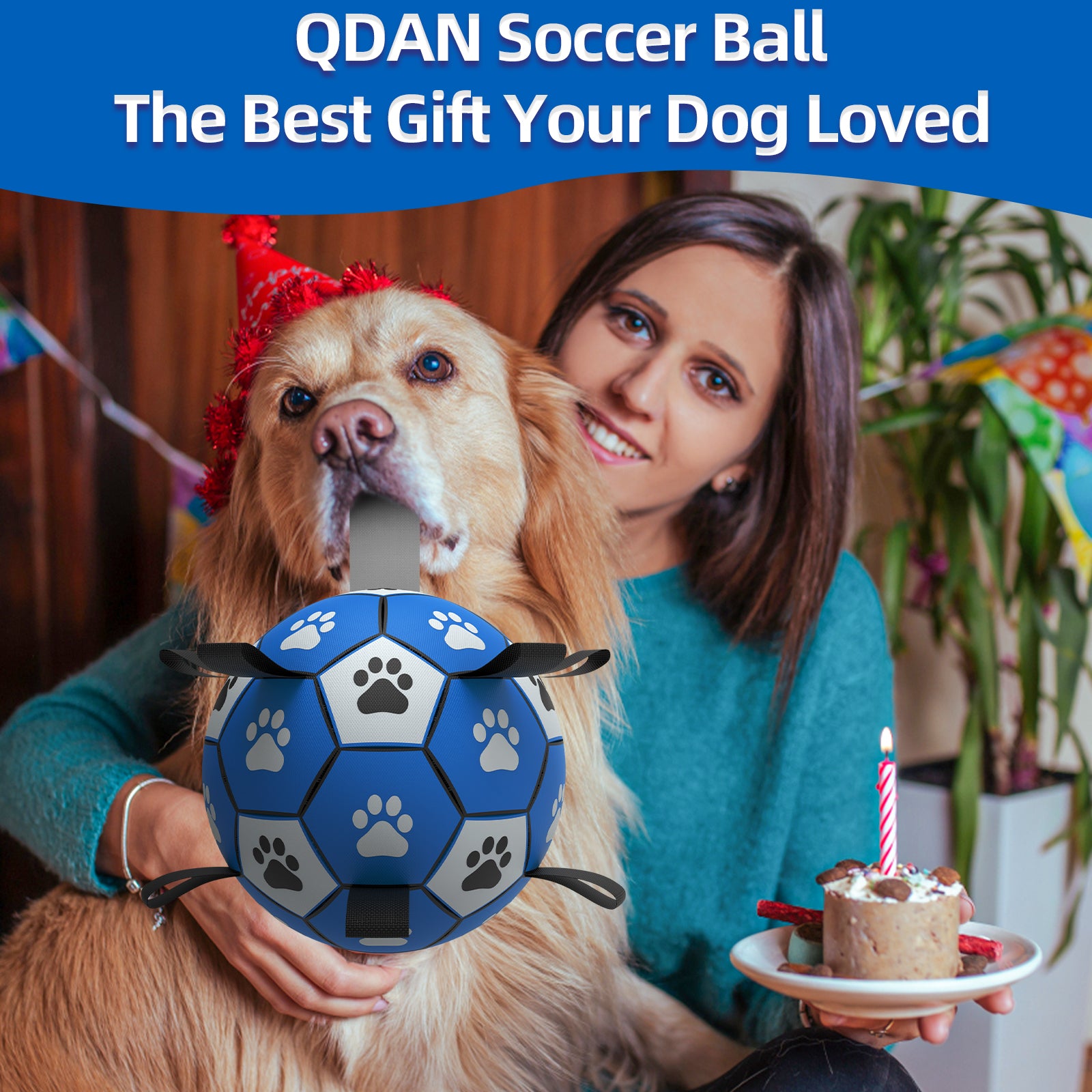 QDAN Dog Toys Soccer Ball with Straps, Interactive Dog Toys for Tug of War, Puppy Birthday Gifts, Dog Tug Toy, Dog Water Toy, Durable Dog Balls World Cup for Small & Medium& Large Dogs（6 & 8 Inch）