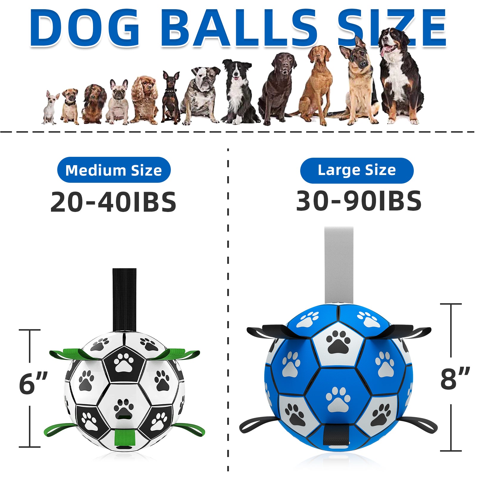 QDAN Dog Toys Soccer Ball with Straps, Interactive Dog Toys for Tug of War, Puppy Birthday Gifts, Dog Tug Toy, Dog Water Toy, Durable Dog Balls World Cup for Small & Medium& Large Dogs（6 & 8 Inch）