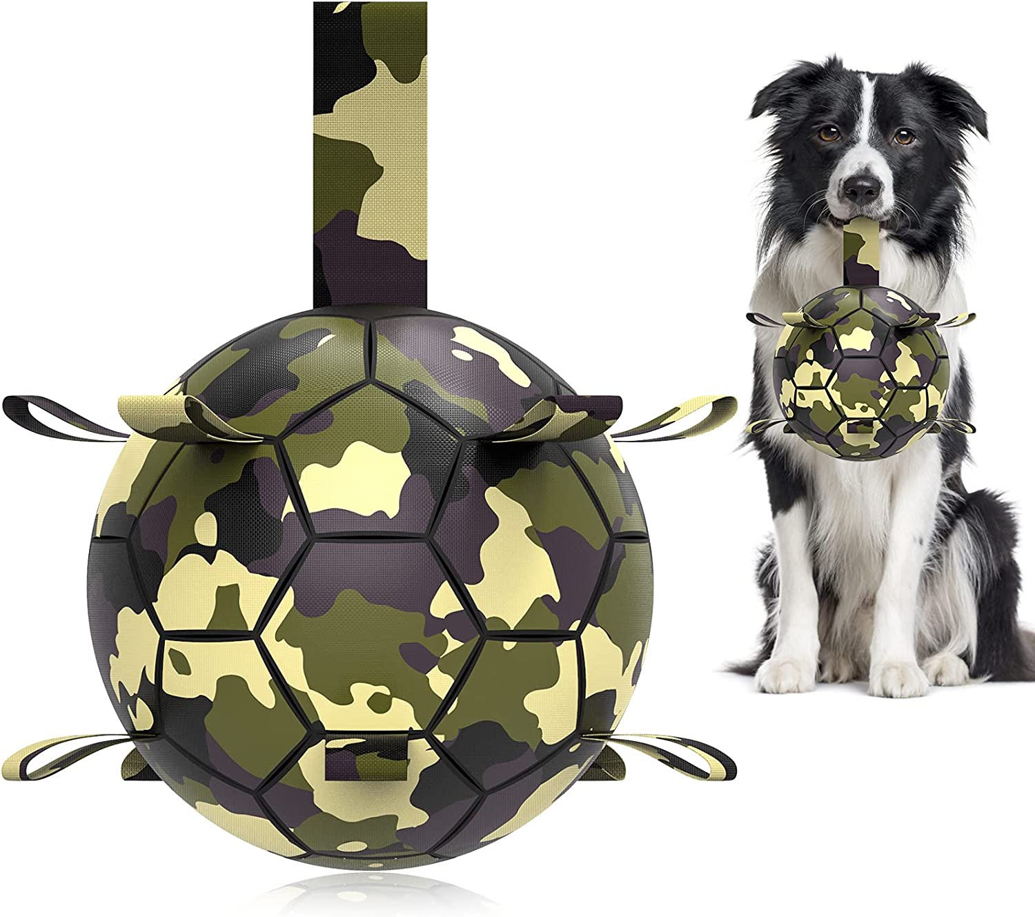 QDAN Dog Toys Soccer Ball with Straps, Interactive Dog Toys for Tug of War, Puppy Birthday Gifts, Dog Tug Toy, Dog Water Toy, Durable Dog Balls World Cup for Small & Medium& Large Dogs（6 & 8 Inch）
