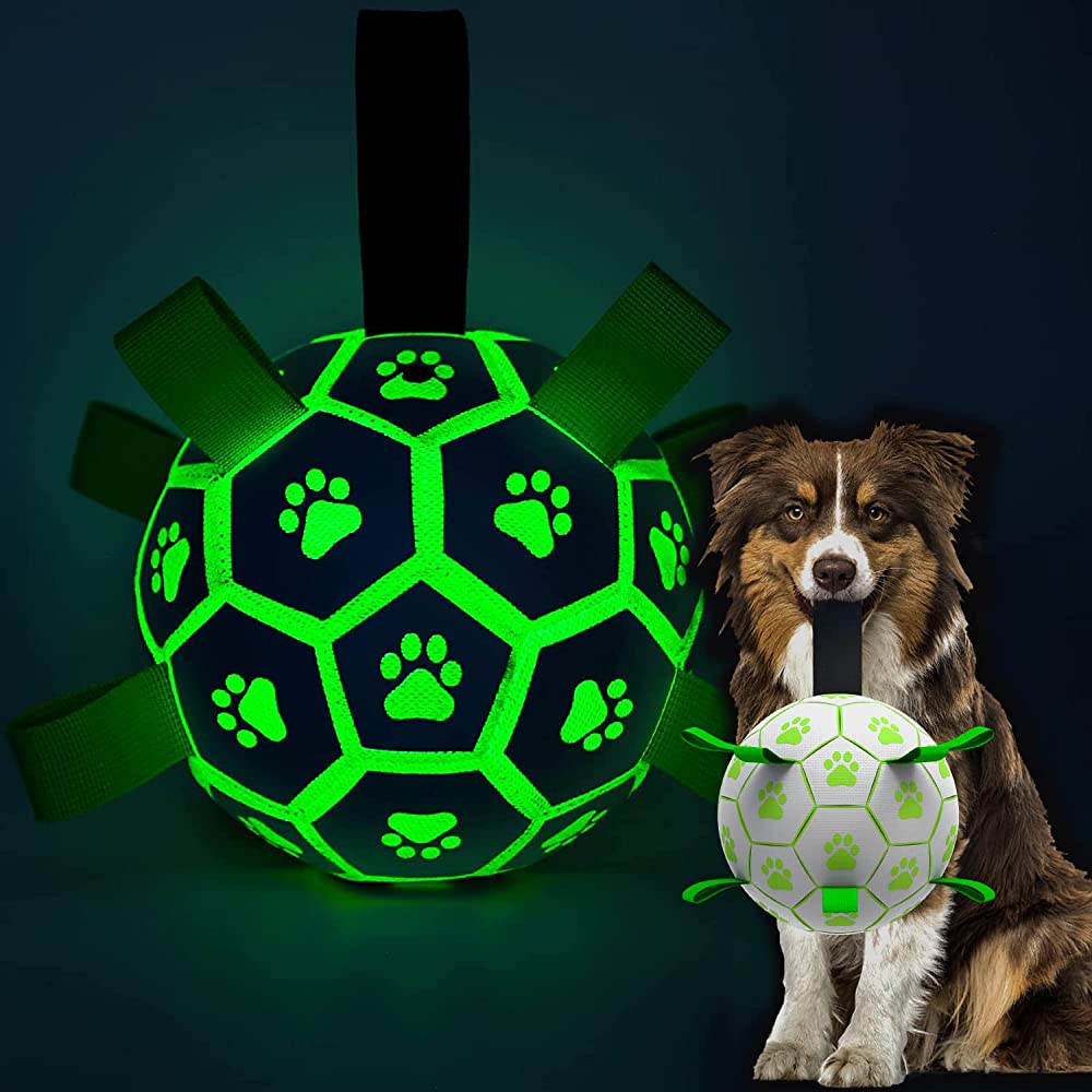 QDAN Glow in The Dark Dog Toys Soccer Ball, Interactive Dog Toys Puppy Birthday Gifts, Dog Tug Water Toy, Indoor/Outdoor Light Up Dog Balls for Small & Medium & Lager Dogs（6inch&8inch）